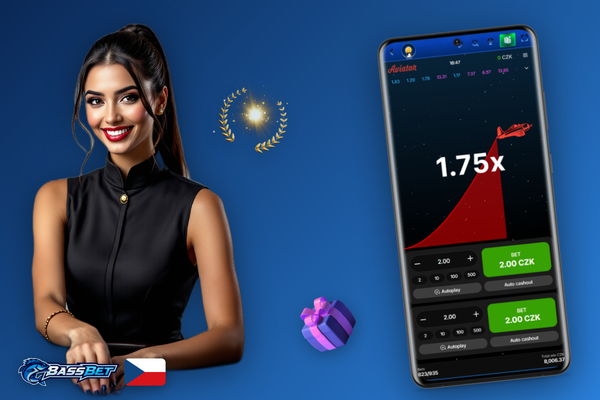 Herní rozhraní Aviator online v Bassbet Casino s rostoucím grafem multiplikátoru