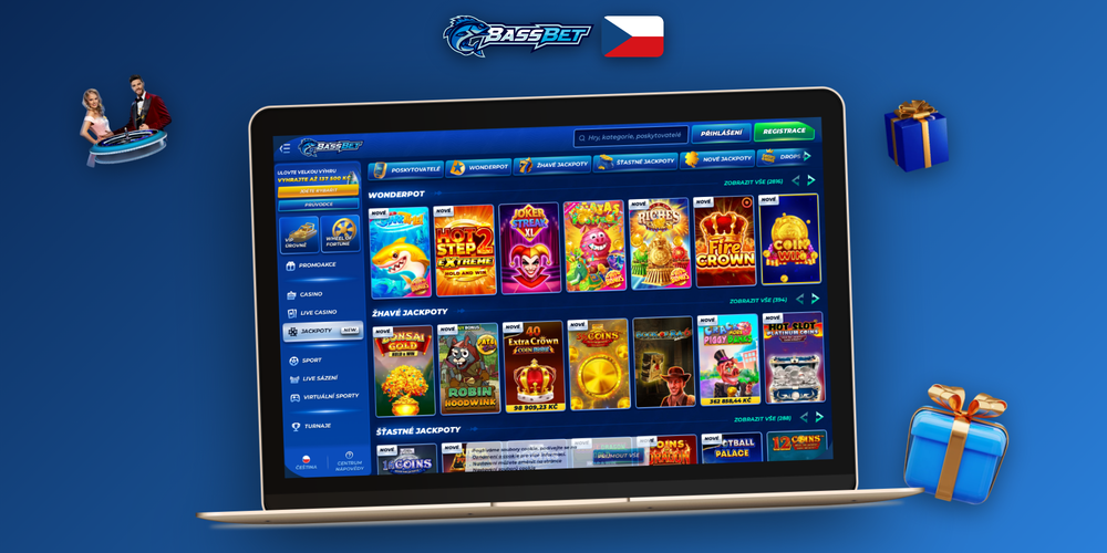 Bassbet Casino na počítači zobrazuje lobby se sloty a bočním menu kategorií