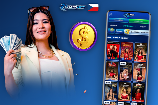Přehledné tmavé rozhraní mobilní aplikace Bassbet Casino s navigační lištou a dlaždicemi slotů