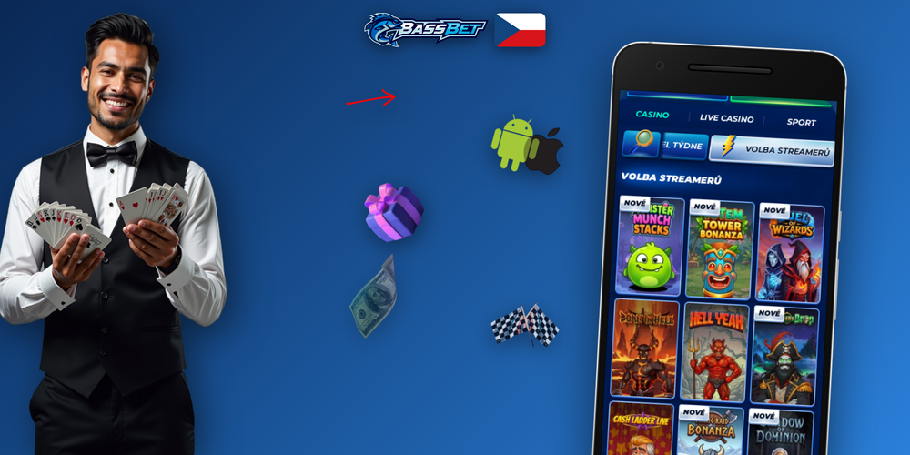Tři telefony ukazují postup stažení APK, instalaci a otevřené lobby Bassbet Casino aplikace